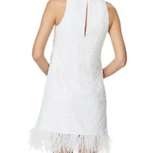 White Halter Sequin Faux Feather Trim Trapeze Dress
